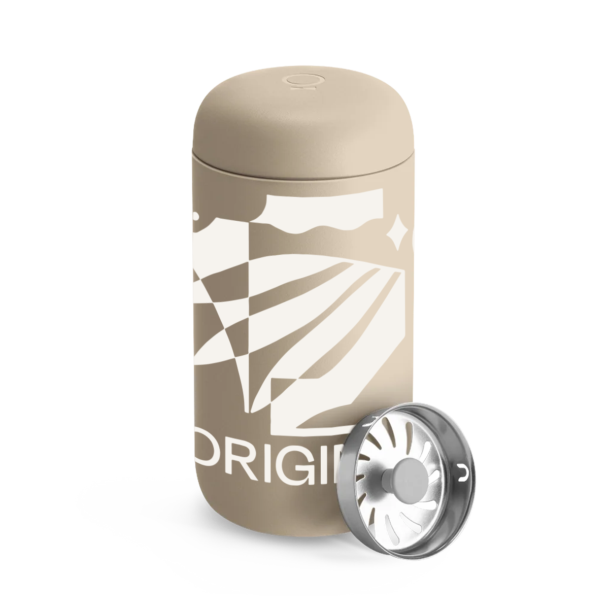 A beige insulated tumbler with a matching lid and a separate silver metal insert, shown on a clean white background. The tumbler features a white geometric graphic and the partial brand name 'ORIGIN'.