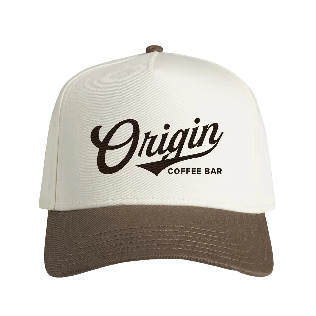 Walnut and cream structured ballpark cap for Origin Coffee Bar